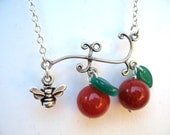 Red Apple Necklace, teacher necklace, sterling silver coral beads bee charm, teacher gift