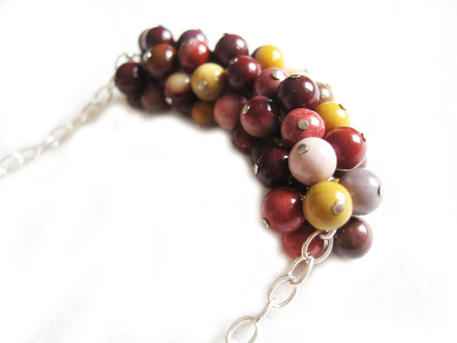 Earthy beaded necklace, Holiday SALE - Silver Jewelry, Mookaite Cluster Necklace, autumn color palette