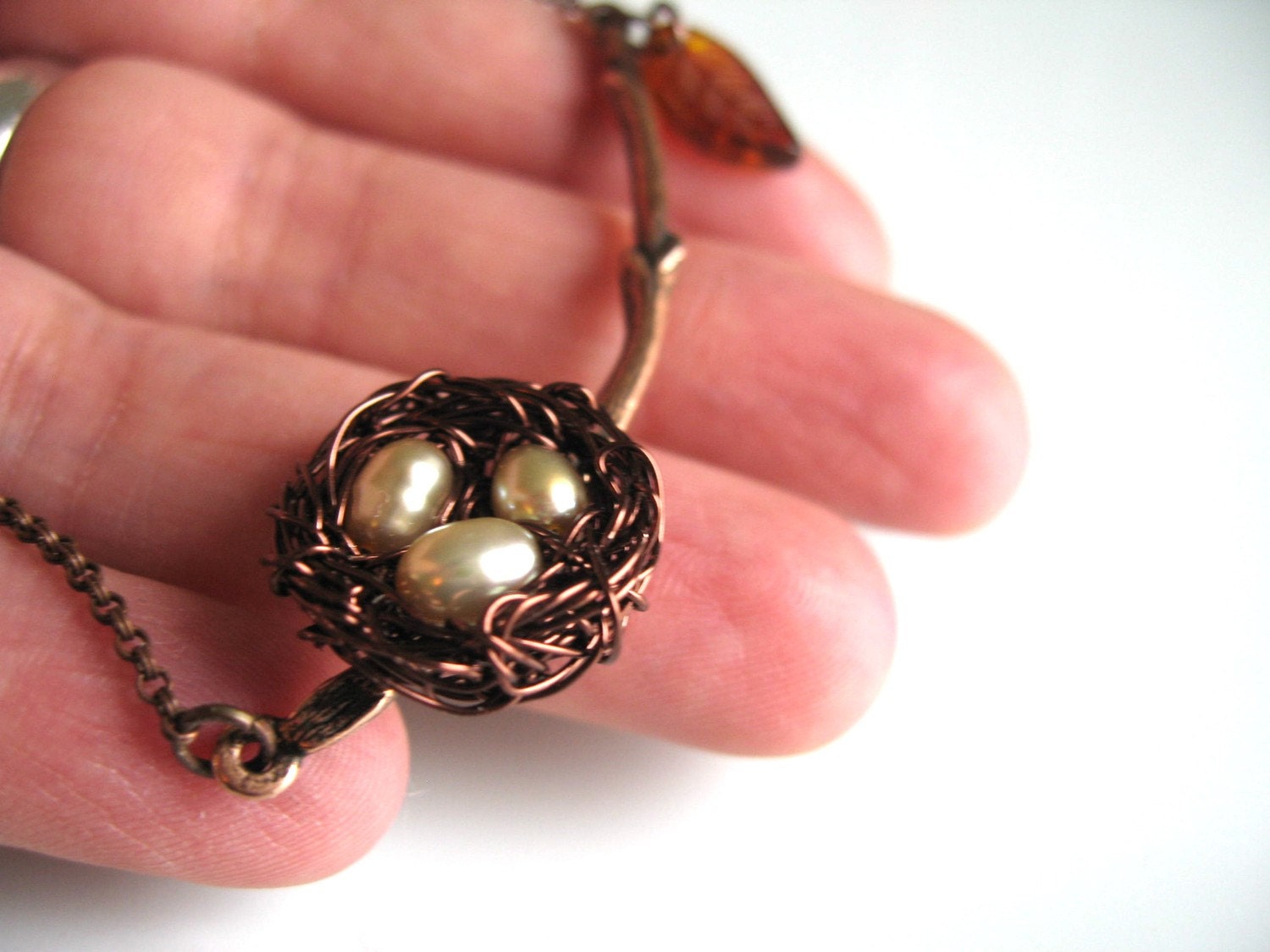 Twig Branch Necklace, Brass Bird Nest with Champaign Pearl Eggs on a Tree Branch with a falling Leaf Family Tree