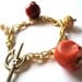 Chunky Gold Bracelet, Beaded Tropical Jewelry, Red Coral Salmon Orange White Pearl Chain Toggle Bracelet