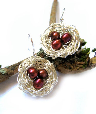 Red eggs earrings, birds nest jewelry, wire wrapped