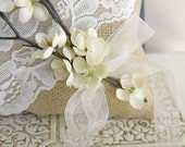 Ring Bearer Pillow - Burlap and lace with ivory flower details