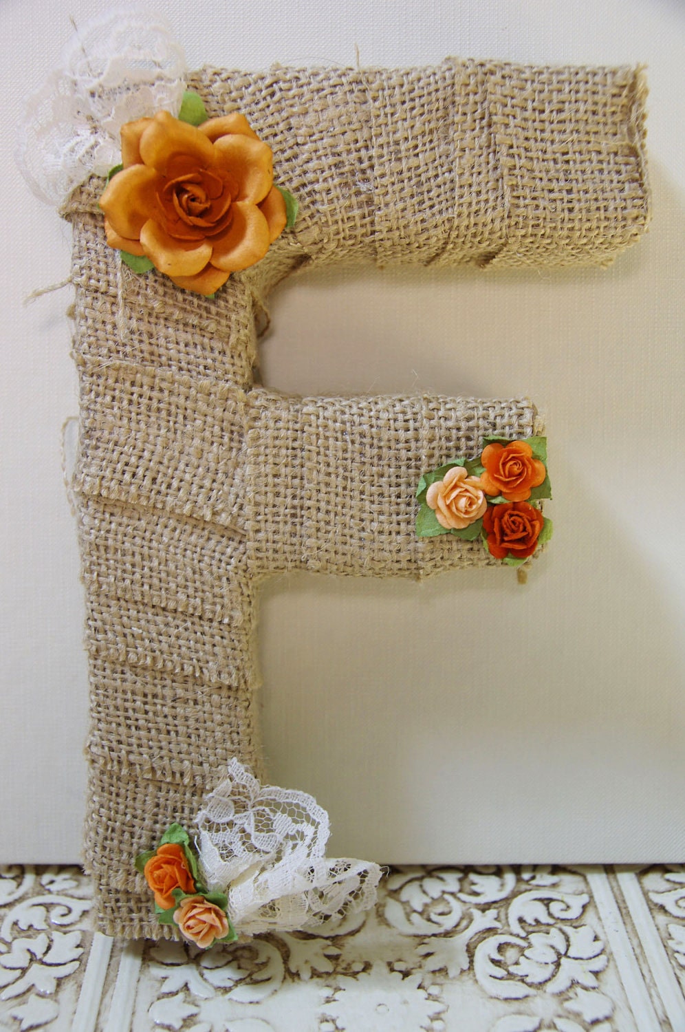 Burlap wrapped letter F - monogram, wedding decoration, cake topper, table centerpiece, photography prop