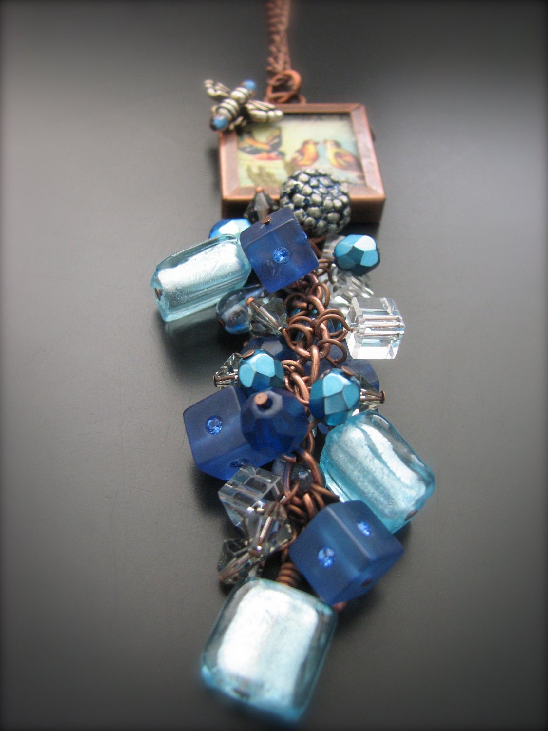 Memory Frame Garden Bejeweled Birds and Bee in Copper Accents Vintage Button Necklace