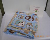 Blue Flannel Receiving Blanket with Doggy Motif, Tan Hand crocheted scalloped trim, Perfect for any time of year.