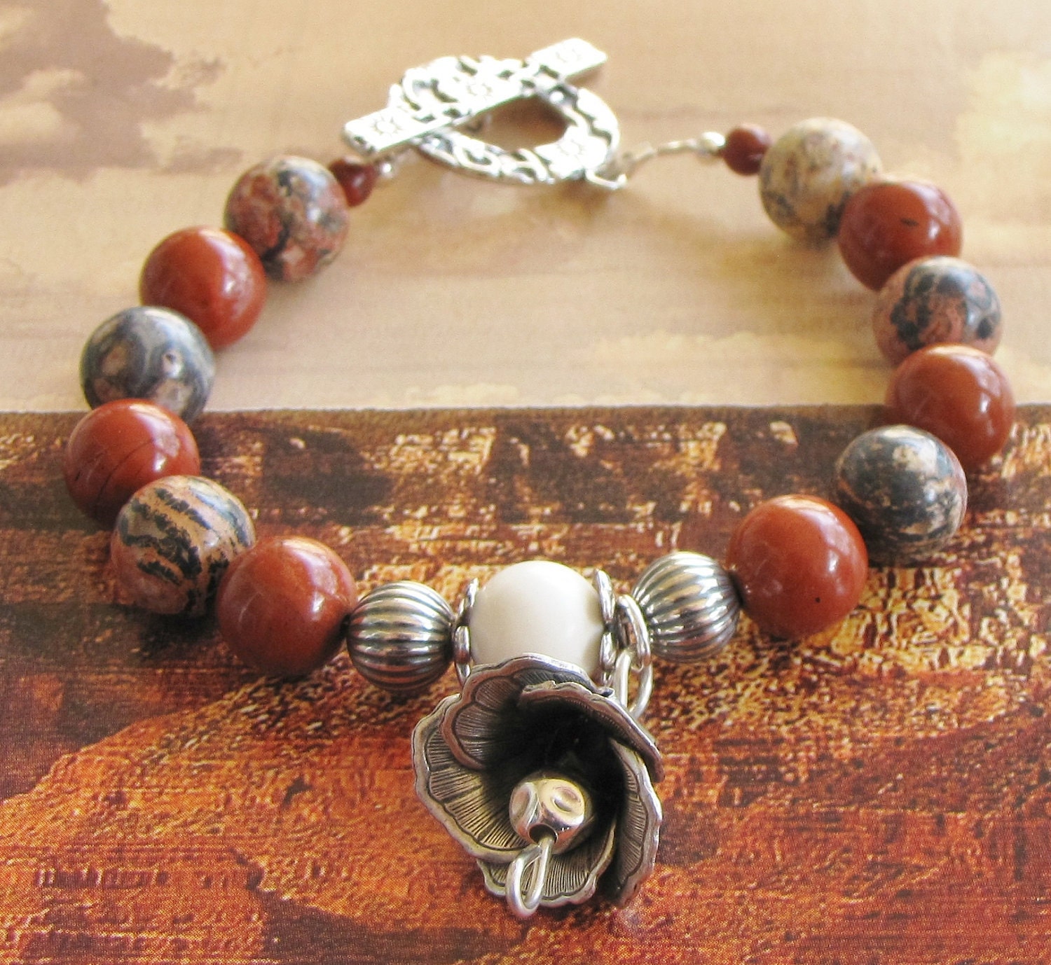 Bracelet  sterling silver jasper stone beaded bracelet, toggle clasp handmade