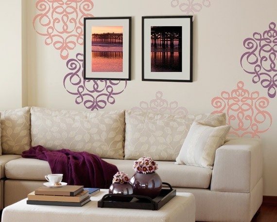 Damask Wall Stencil in Modern Ribbon Style for DIY Wallpaper Look