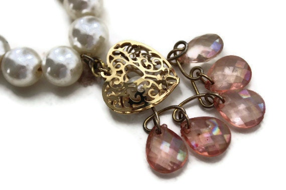 Romantic Pearl Gold Heart Pink Valentine Anniversary Wedding Love Necklace