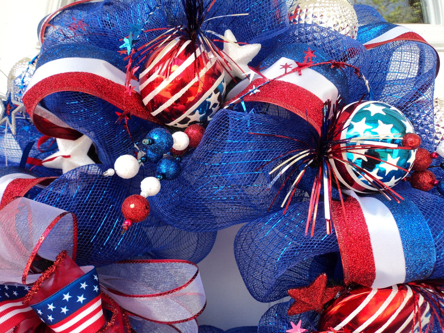 Patriotic Deco Mesh Wreath Red White Blue XXL