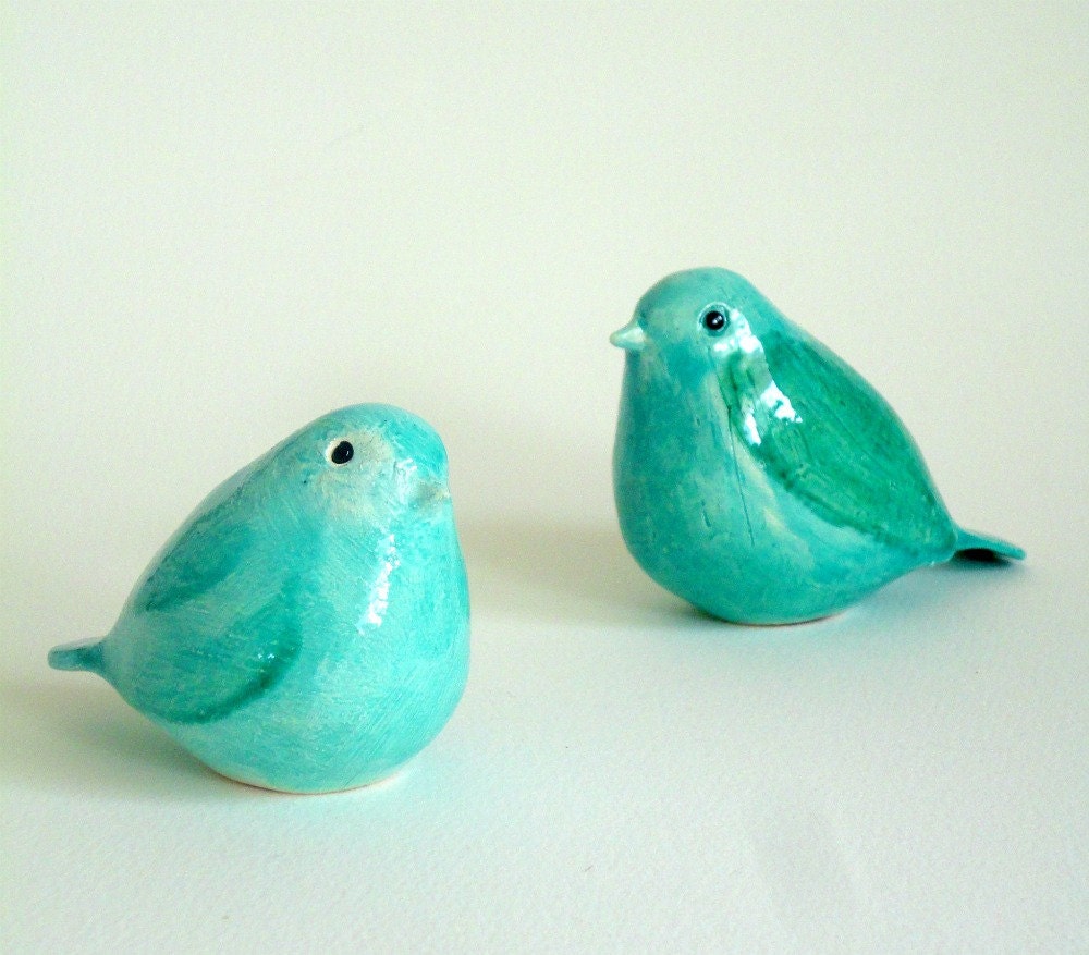 SALE pottery birds aquamarine mother and baby