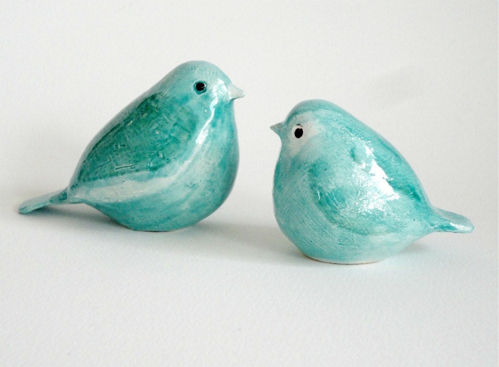 SALE pottery birds aquamarine mother and baby