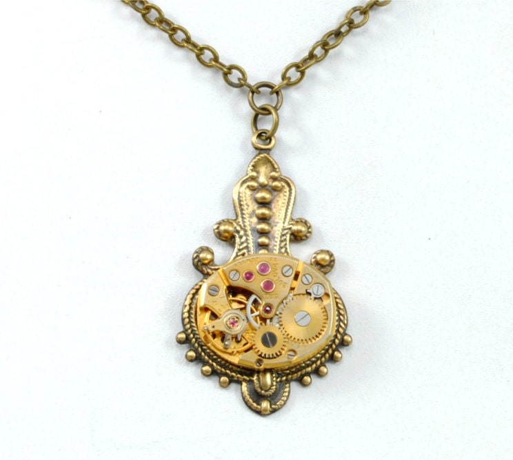 Steampunk Jewelry Steampunk Necklace Gold Bulova Vintage Watch Necklace Bold Rubies Steam Punk Jewelry by Victorian Curiosities