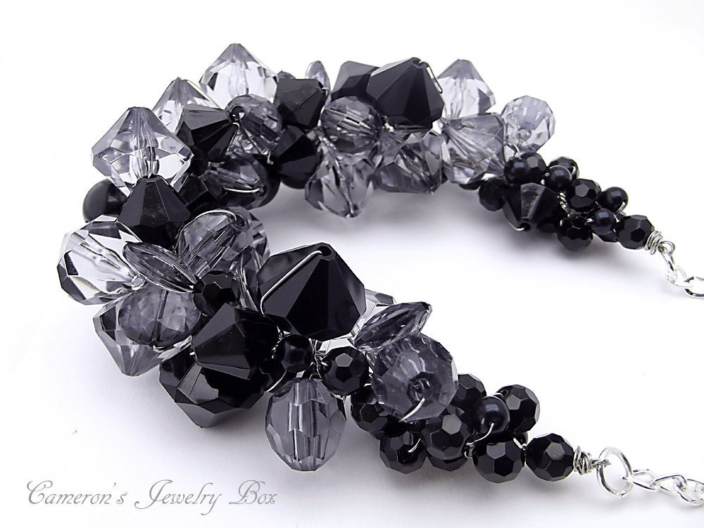 Black Statement Necklace, Chunky Beaded Necklace, Wire Crochet Necklace, Black & Dark Grey Fashion Necklace