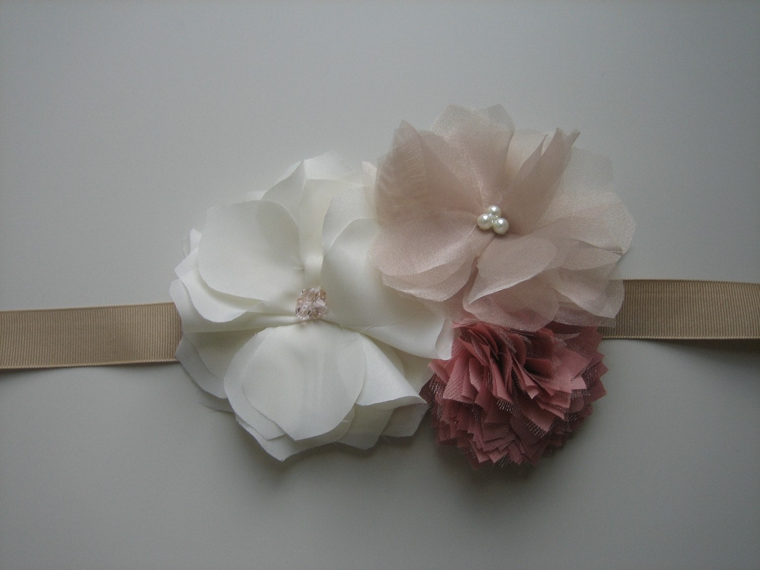 Handmade Flower Wedding Dress Sash in Ivory, Taupe and Coral