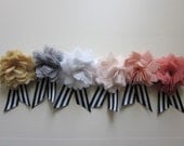 Dahlia Fabric Flower Boutonniere Brooch Pin with Black and White Stripe Ribbon