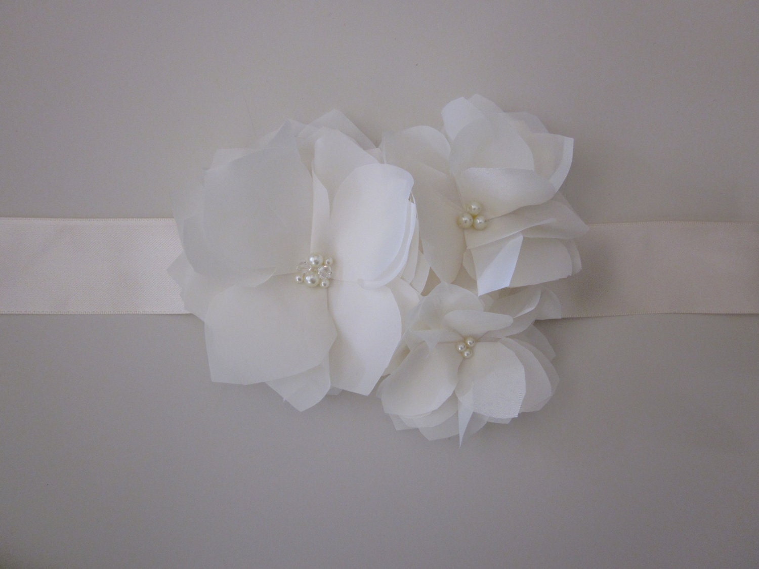 Sarah - Handmade Bridal Sash with Three Ivory Flowers