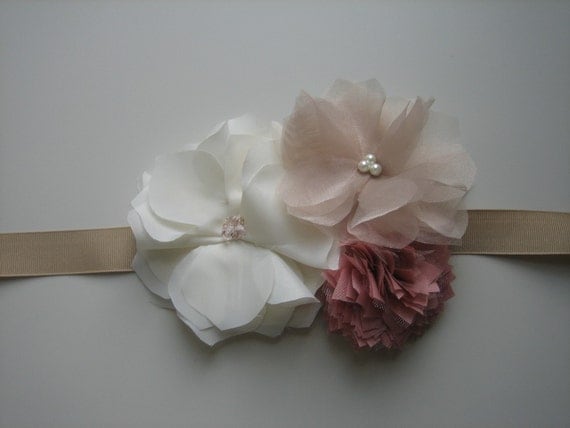Handmade Flower Wedding Dress Sash in Ivory, Taupe and Coral