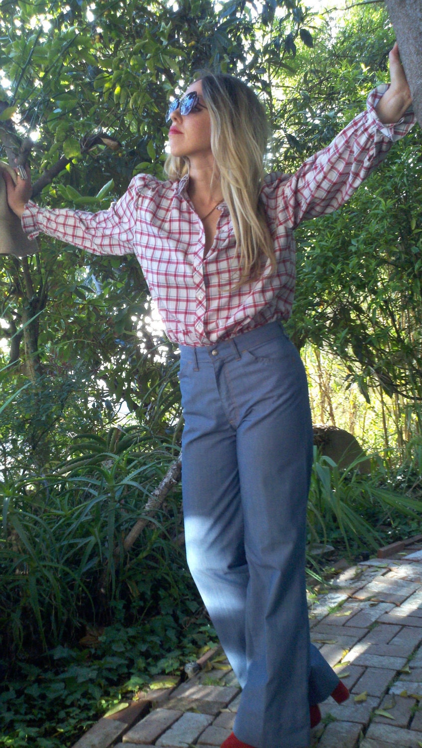 Vintage 70s Plaid Shirt All American Cowboy Blouse M L