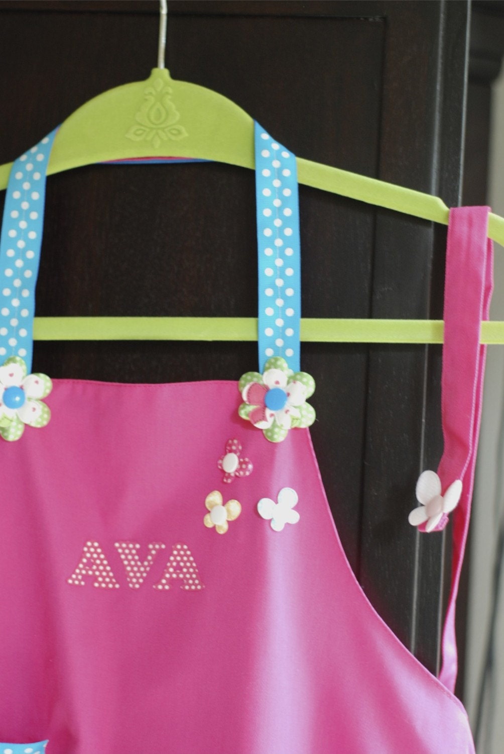 My First Apron - "Hot Pink Polka" Personalized child apron or artist smock with flower and butterfly appliques