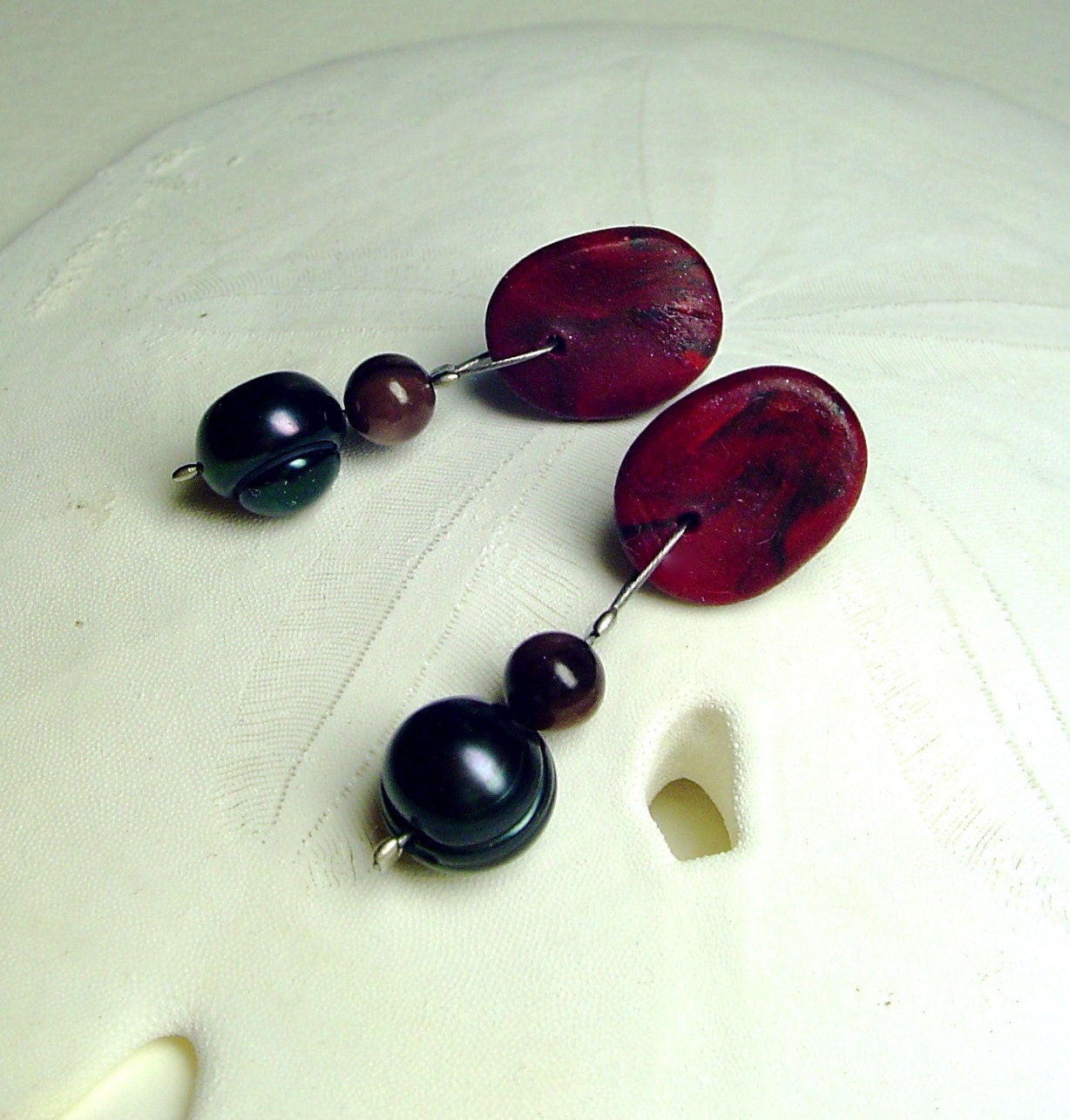 Titanium Post Earrings. black pearl earrings. red earrings