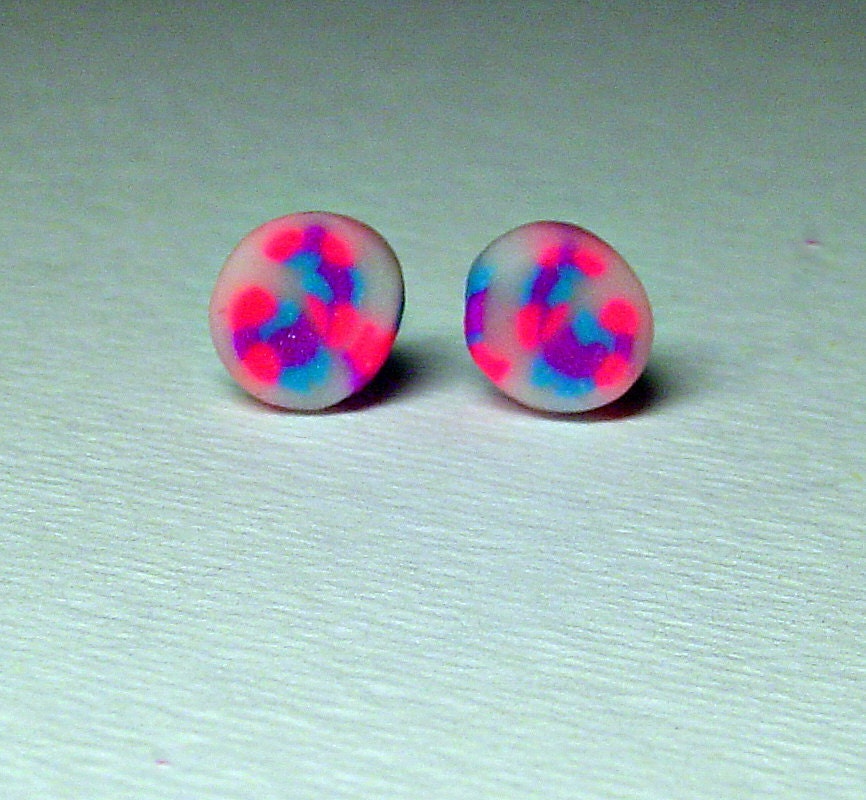 Neon Pink Studs. Titanium Post Earrings, Hot Pink Turquoise Blue Purple Polymer Clay. Cool Stud Earrings
