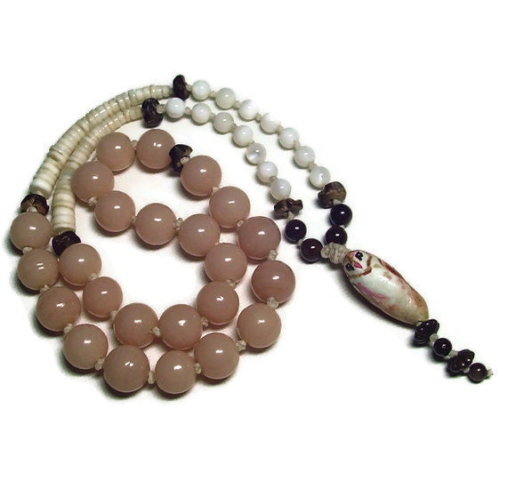 Owl Necklace. off white glass beaded necklace. owl totem shell bead necklace