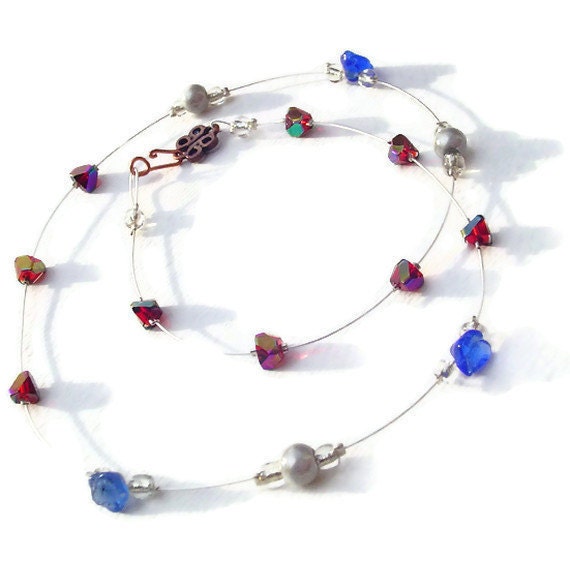 Red white and blue necklace. floating necklace. USA