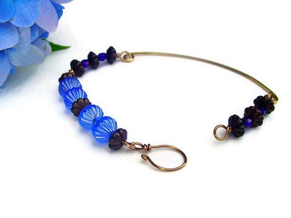 Bronze bracelet. blue glass beaded bracelet. brass bar bracelet with blue Czech glass beads