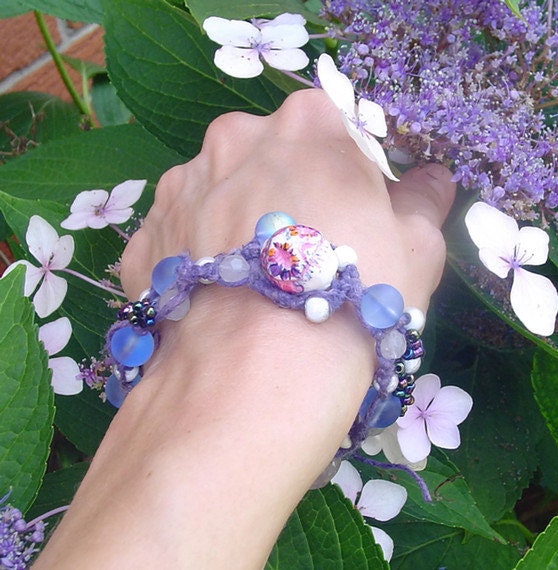 Macrame hemp bracelet. blue sea glass beaded bracelet with sugar skull, rose quartz and black velvet flower