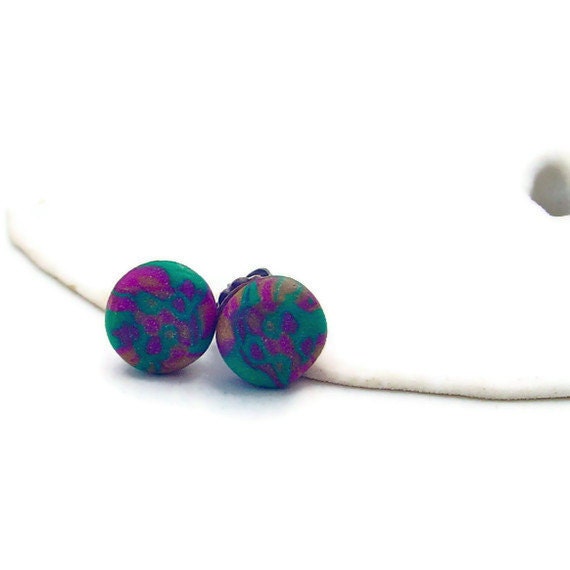 Titanium stud earrings. green and purple polymer clay earrings. cool post earrings
