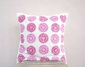 Pink throw pillow - raspberry pink circles, Indian print on white organic cotton pillow cover / cushion cover
