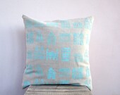 Decorative pillow houses print in aqua on natural linen - hand printed  pillow cushion cover, home decor