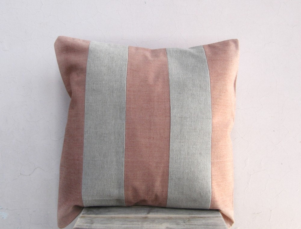 Striped pillow: natural linen and rust orange organic cotton - eco friendly decor throw pillow cushion - EarthLab