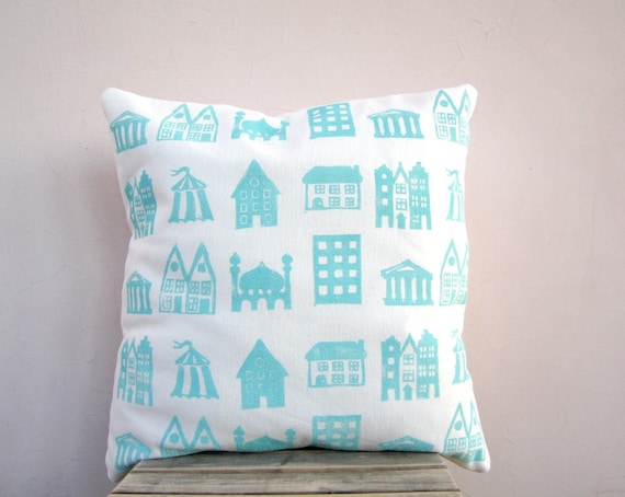 Aqua throw pillow - little houses printed in aqua on white cotton pillow cushion cover, great nursery decor