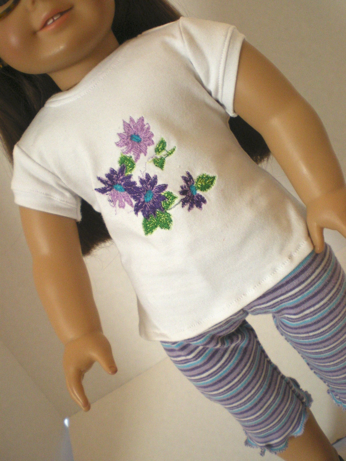 Striped  Leggings, Embroidered Flower Tshirt