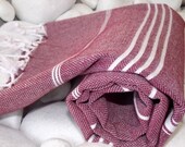 Best Quality Hand-Woven Turkish Cotton Bath,Beach,Pool,Spa,Yoga,Travel Towel or Sarong- White Stripes on Burgundy,Wine