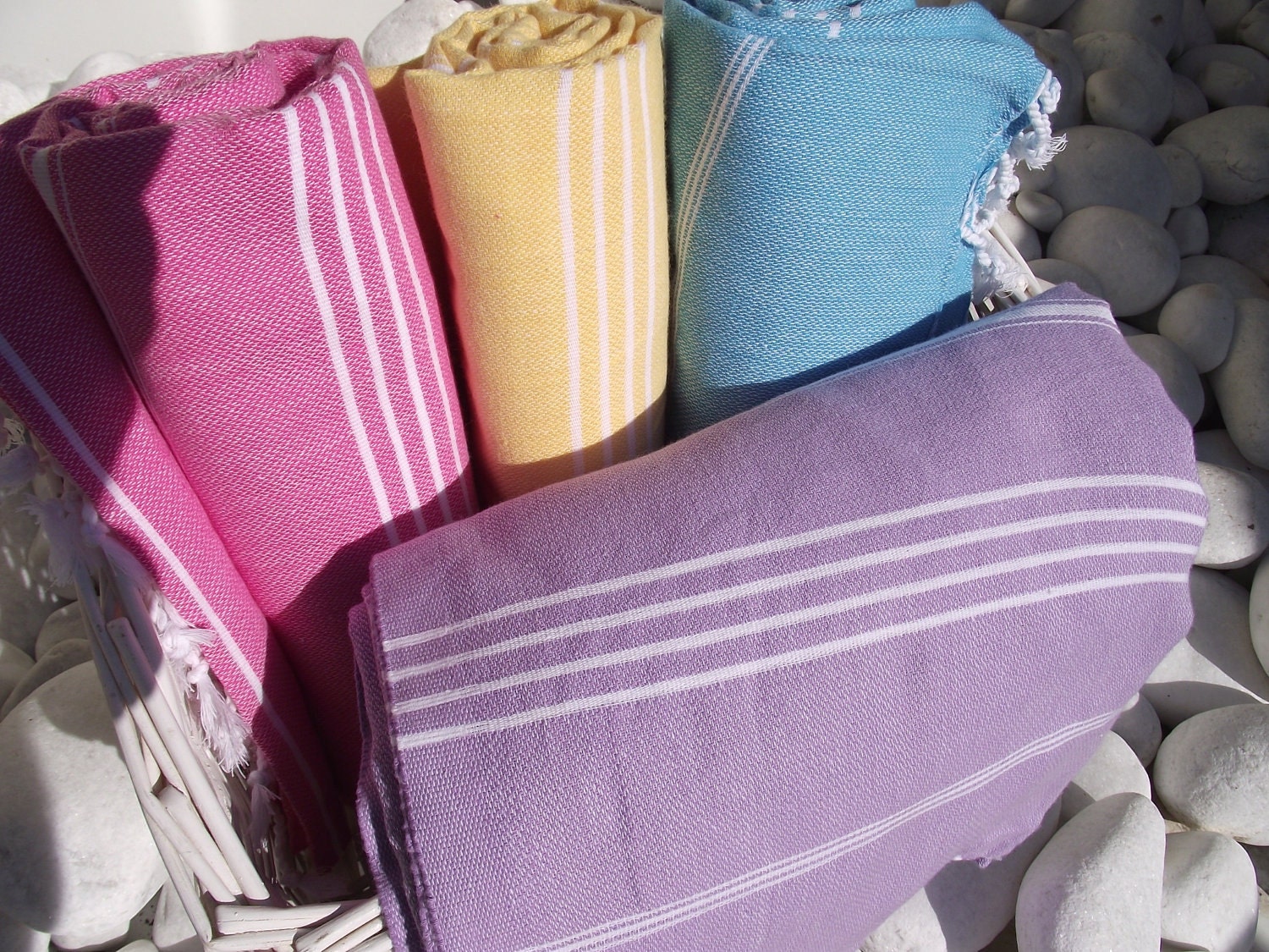 High Quality Set of 5 Hand WovenTurkish Cotton Bath Towels or Sarong-Soft Spring Colors-Purple,Wisteria-Yellow-Pink-Turquoise-Lime Green