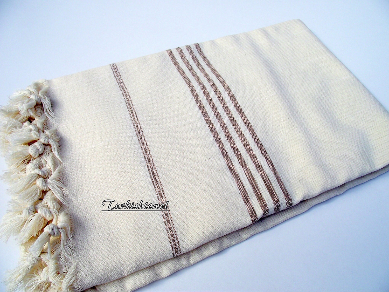 High Quality Hand Woven Turkish Cotton Bath,Beach,Pool,Spa,Yoga Towel or Sarong-Brown Stripes on Natural Cream