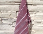 Turkishtowel-Peshkir-High Quality,Hand Woven,Pure Cotton,Hand,Head,Hair,Tea,Dish Towel or Unisex Neck Warmer-White Stripes on Burgundy