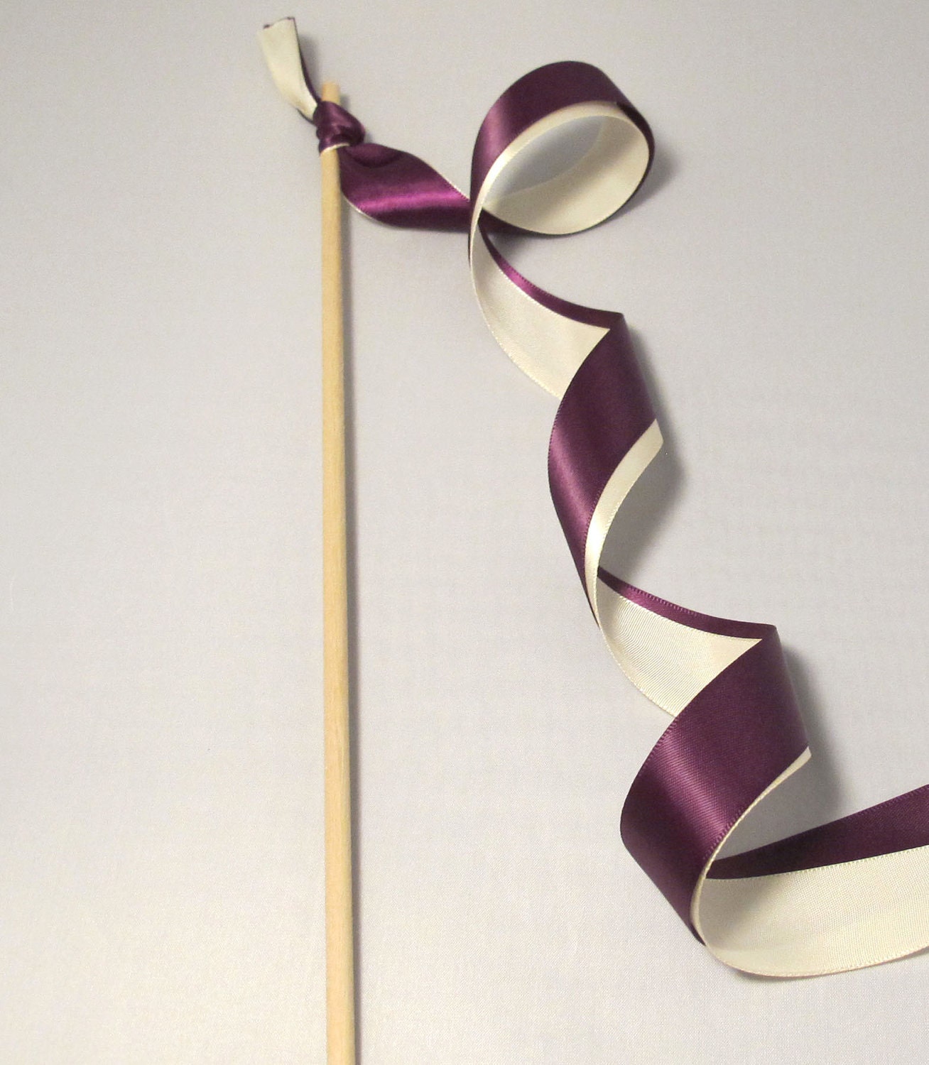 Tie the Knot - Satin Wedding Ribbon Wands - Custom Colors - Pack of 50 - Shown in Plum Purple and Ivory