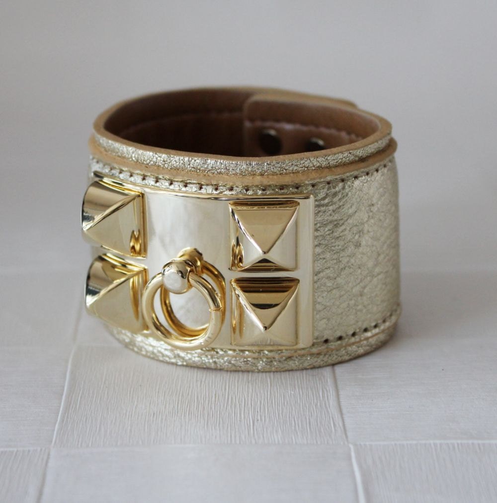 Big Square Ornament Leather Bracelet(gold)