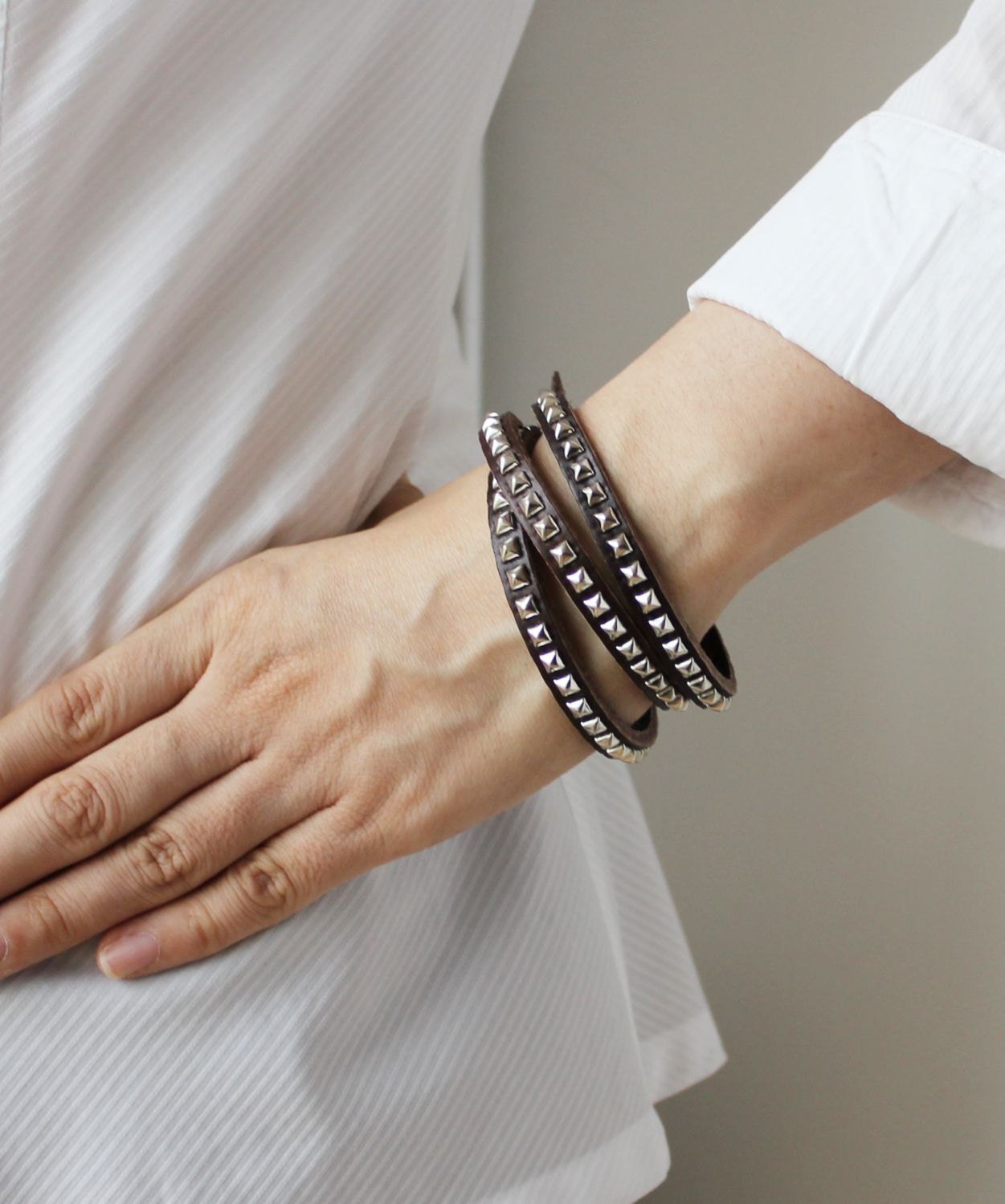 Silver Pyramid Stud Leather Wrap Bracelet( 3 colors)