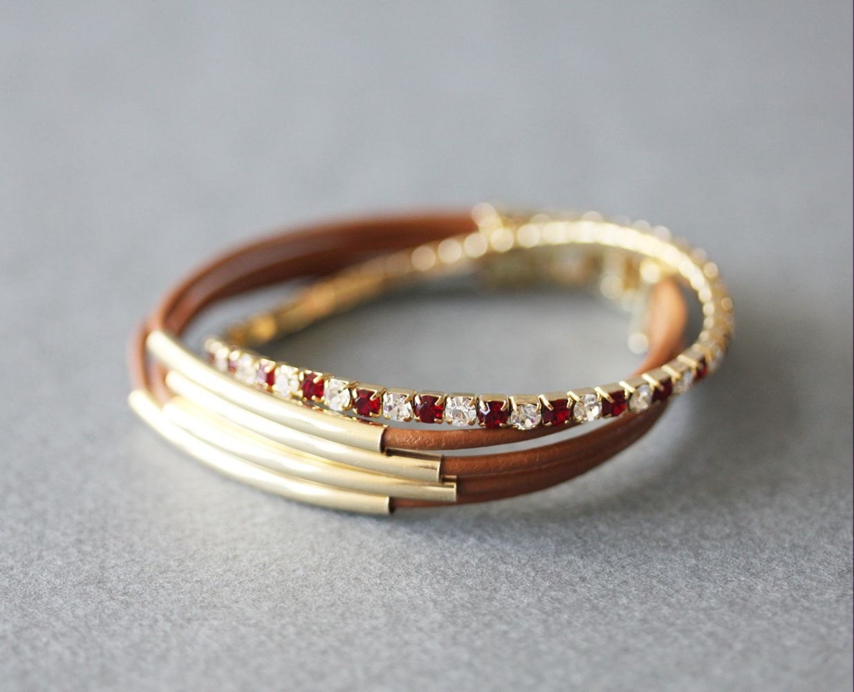 String Leather with Tennis Crystal Bracelet(Set of 2 bracelet)