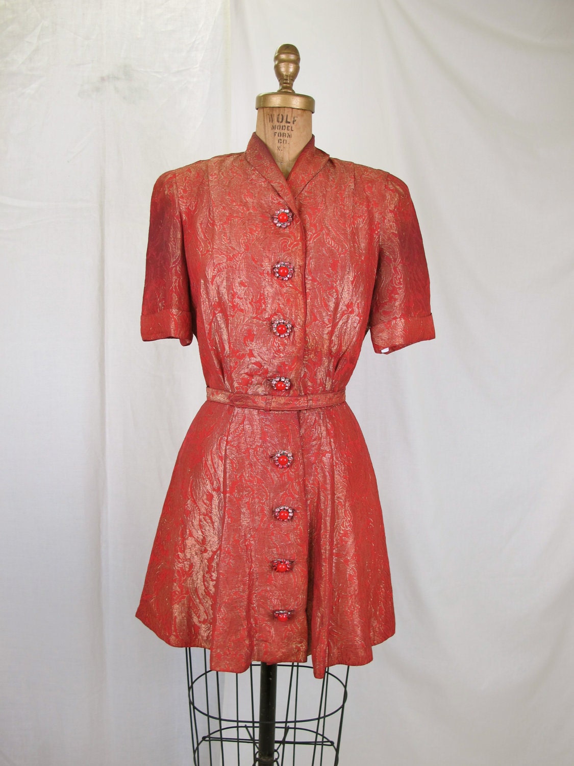1940s Red Orange Gold Lame Top Dress, Rhinestone Cabochon Buttons