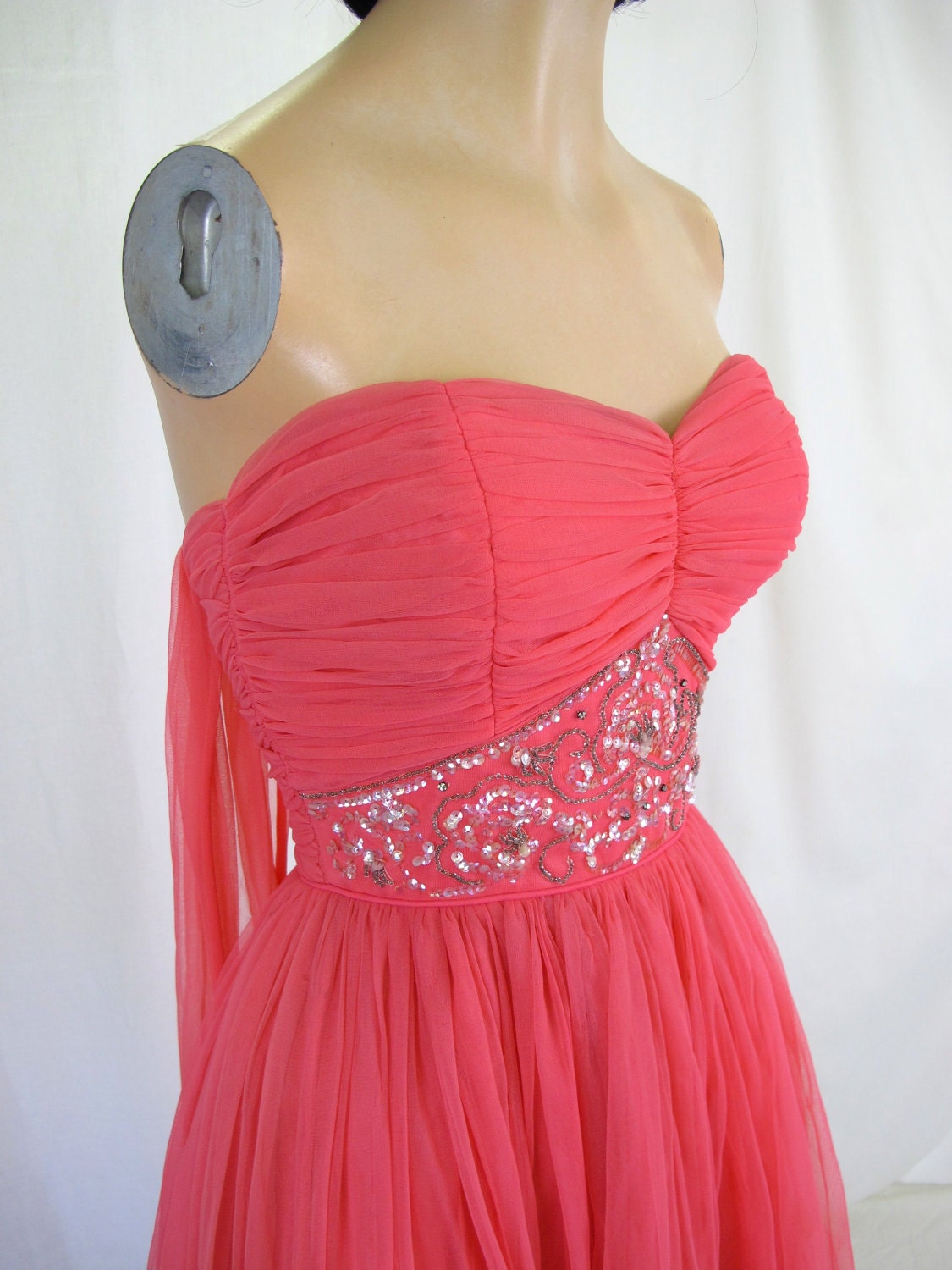 1950s  Hot Coral Pink Strapless Beaded Cocktail Party Dress Nylon Chiffon