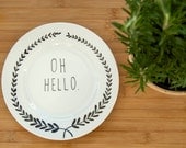 Illustrated OH HELLO plate with leafy wreath