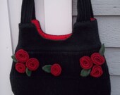 Purse Felted Black Red Flowers