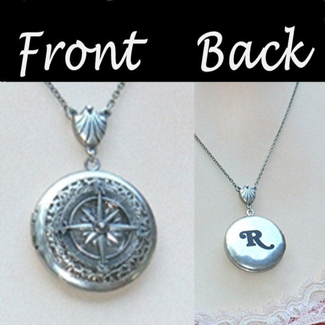 Locket Necklace PERSONALIZED for FREE. Compass Beach nautical wedding Bridesmaid Graduation. Steampunk Black Silver Spring Mothers Day