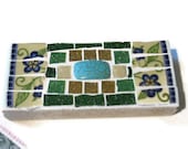 Paperweight or Door Stop Glass Mosaic Art on Marble Turquoise Bead Green Blue Gold Broken China Home Decoration