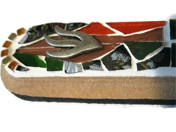 Jewish Mezuzah case Glass Mosaic Art Green Orange Purple Black  Broken China Beads
